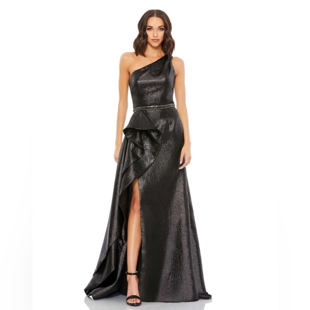 Mac Duggal 66975 NWT ONE SHOULDER METALLIC RUFFLED EVENING GOWN